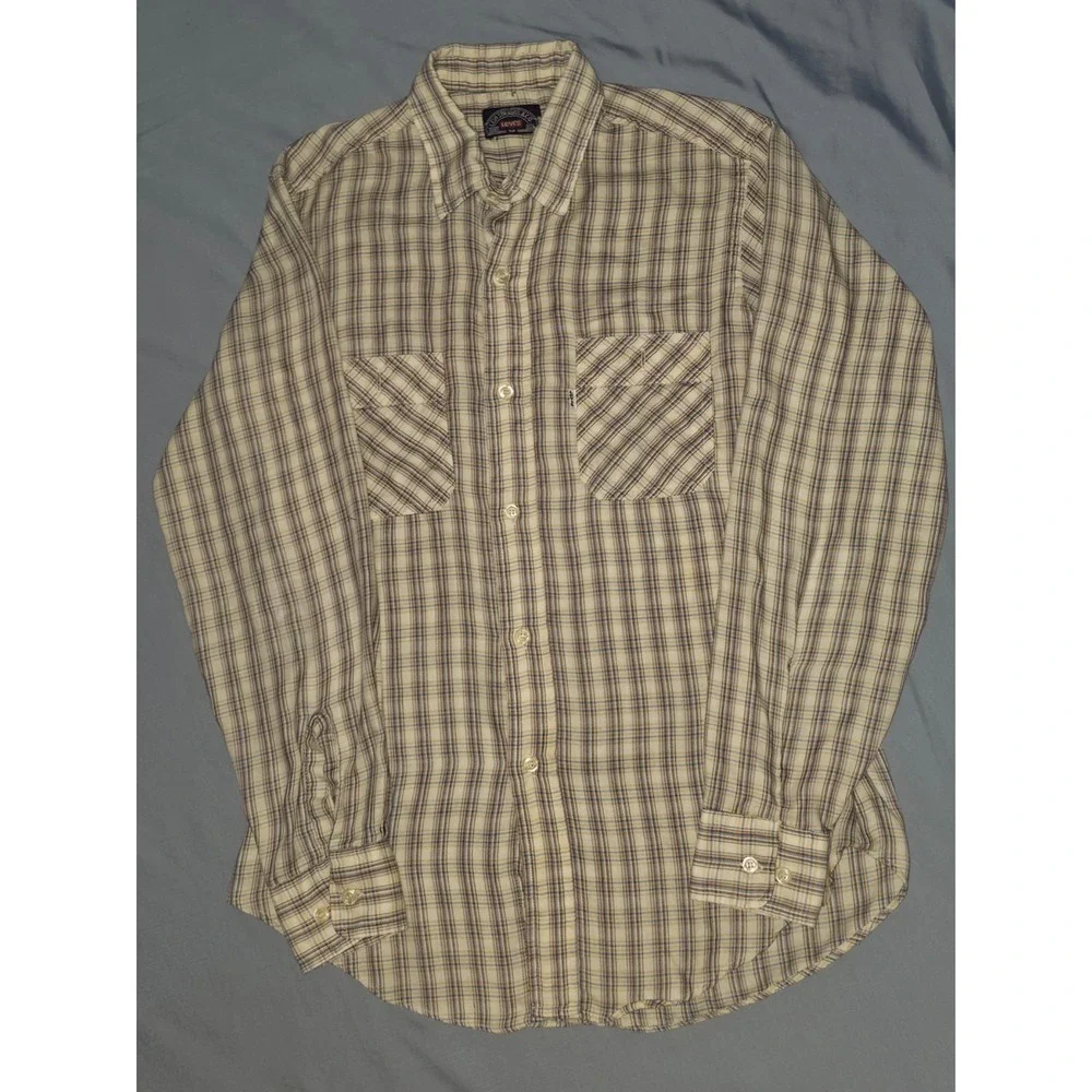 Vintage 70s Levis White Tab Western Brown Plaid Button Up Shirt Single Stitch M